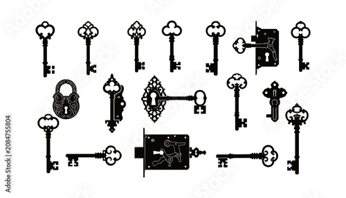 Tableau sur toile Keys Set with Ornate Black Vector Skeleton Keys and Locks Symbols for Security C