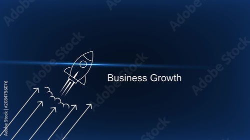 Business growth concept with rocket launch animation and upward arrows on dark blue background startup