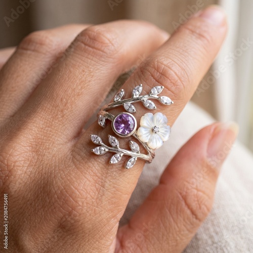 Sterling Silver Leaf Branch Adjustable Ring Photography Elegant Cubic Zirconia Jewelry.
