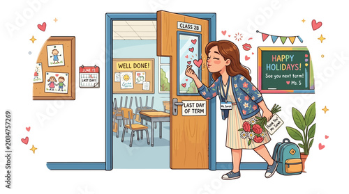 Happy female teacher leaving classroom on last day of school term holding flowers