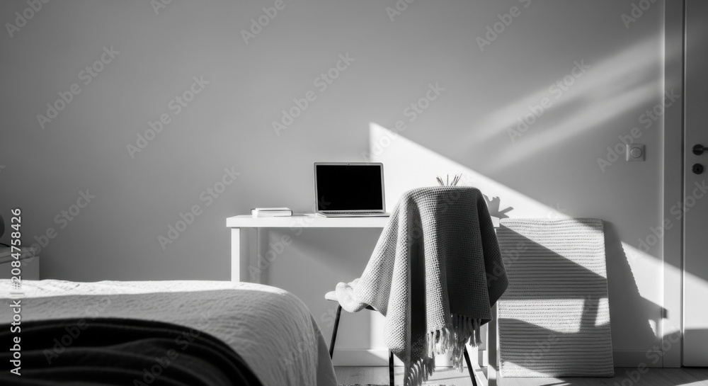 Naklejka premium Serene Minimalist Bedroom Workspace With Natural Light And Cozy Touches