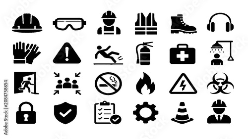 Workplace Safety Glyph Icons Set – PPE, Hazard Warning, Emergency, Construction Vector Icons