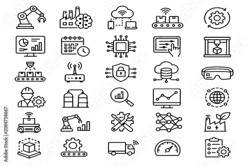 Smart Factory Line Icons Set – Industrial Automation, Manufacturing, Robotics Vector Outline Icons