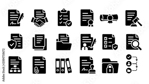 Document Management Glyph Icons Set – Files, Reports, Printing, Office Vector Icons