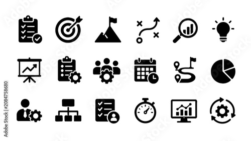 Business and Productivity Glyph Icons Set – Analytics, Marketing, Planning, Finance Vector Icons