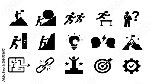Achievement and Goal Line Icons Set – Success, Strategy, Target, Leadership Vector Outline Icons