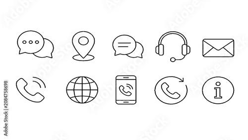 Communication Line Icons Set – Phone, Chat, Email, Location, Support Vector Outline Icons