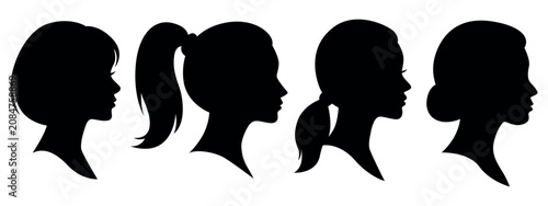 Female ponytail profile set, women side face silhouette icons