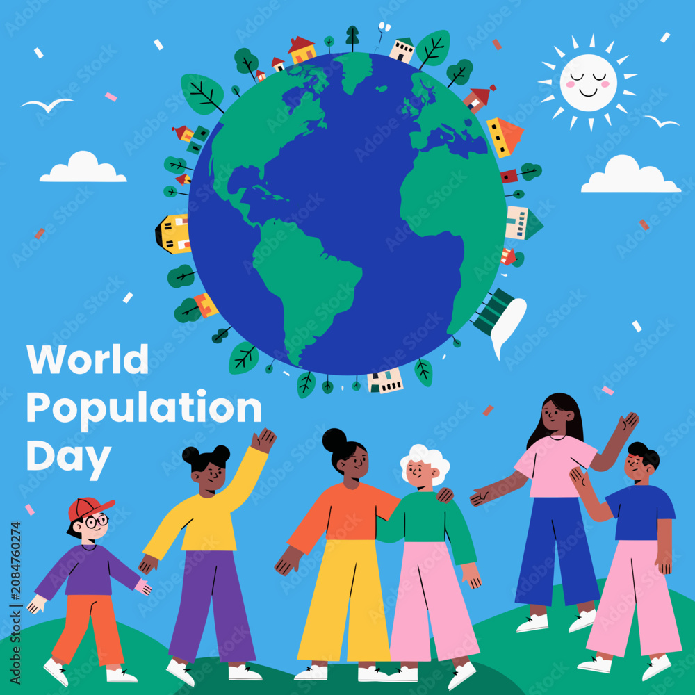 Fototapeta premium World Population Day global awareness with earth illustration and diverse people icons, vector graphic promoting population growth, inclusion and global community concept