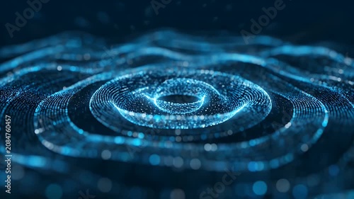 Blue glowing particle waves forming abstract circular ripples in dark space