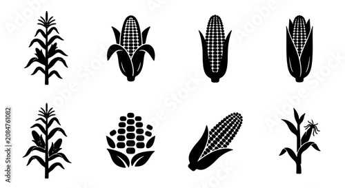 Bild auf Leinwand Corn Icons Set, Maize Vector Graphics, Organic Food Symbols, Harvest Elements, A