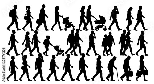 Diverse Human Silhouettes Collection: Pedestrians, Families, Business People, Elderly, Strollers, Walking, Everyday Life, Black Vector Icons