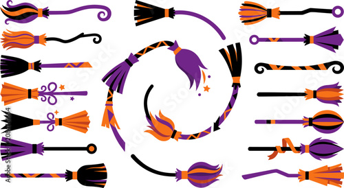 Tableau sur toile Halloween vector broomsticks collection purple orange and black illustrations fo
