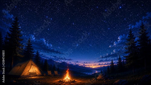 満天の星空の下で揺らめく焚き火とキャンプテントの幻想的な夜景ループ動画 