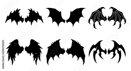 Schilderij op canvas Dark Fantasy Wings Collection, Gothic Devil Bat Angelic Silhouettes, Spiky Demon