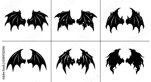 Photos Six Black Bat Wings Vector Icons, Gothic Angel Wings, Demonic Fantasy Creature A