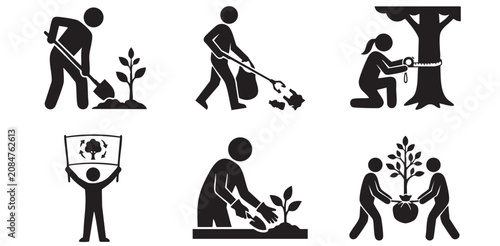 Forest Conservation and Environmental Volunteers Silhouette Icons Set, Minimalist Eco Activist Tree Planting and Beach Cleanup Vector Flat Graphic Sheet
