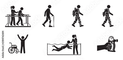 Medical Physical Rehabilitation and Therapy Silhouette Icons Set, Minimalist Patient Prosthetic Limb Robotic Exoskeleton and Hydrotherapy Vector Flat Graphic Sheet