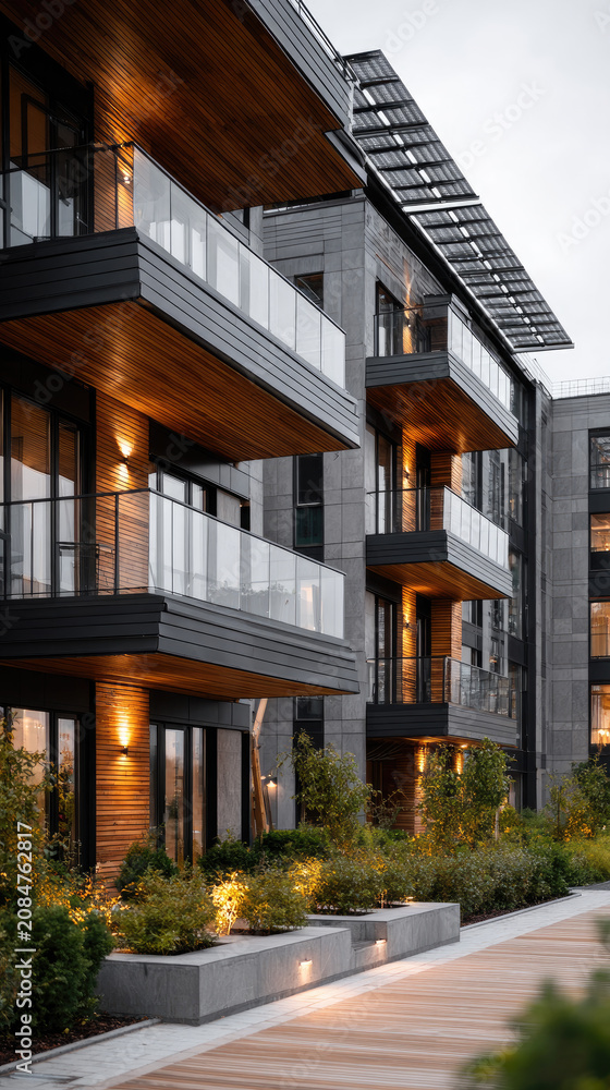 Fototapeta premium Urban apartment building facade featuring modern architecture, wooden balconies with glass railings, and innovative solar panels providing clean energy for sustainable living