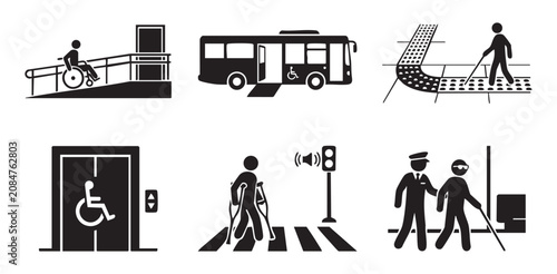 Urban Accessibility and Smart City Infrastructure Silhouette Icons Set, Minimalist Universal Disability Access Public Transit and Crosswalk Vector Flat Graphic Sheet