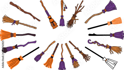 Schilderij op canvas Halloween vector broomsticks collection for spooky decorations and illustrations