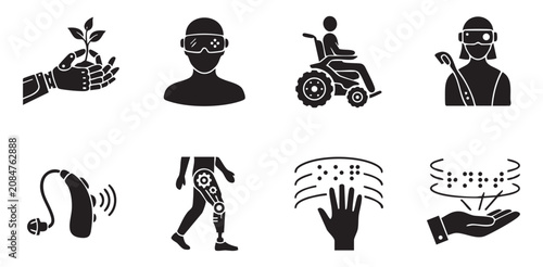 Future Assistive Technology and Cybernetic Accessibility Silhouette Icons Set, Minimalist Smart Disability Gadgets Bionic Limb and Holographic Braille Vector Flat Graphic Sheet
