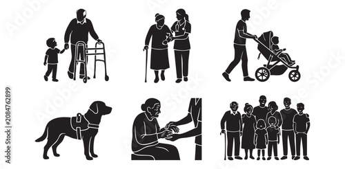 Senior Eldercare and Professional Family Caregiving Silhouette Icons Set, Minimalist Inclusive Nursing Support Medical Healthcare and Grandparent Vector Flat Graphic Sheet