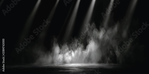Bilde på lerret Dramatic spotlight beams illuminating white smoke on dark stage with spotlight i