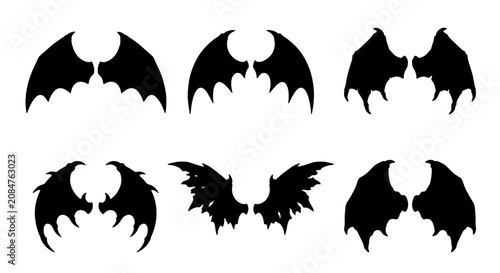 Bild auf Leinwand Six Black Silhouette Bat Wings Vector Icons, Fantasy Creature Appendages, Gothic