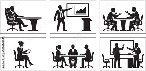 Corporate Business Meeting and Executive Leadership Silhouette Icons Set, Minimalist Boardroom Presenters Office Managers and Financial Presentation Vector Flat Graphic Sheet