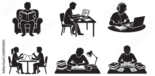Academic Students and University Library Study Silhouette Icons Set, Minimalist Higher Education School Exam Preparation and E Learning Vector Flat Graphic Sheet