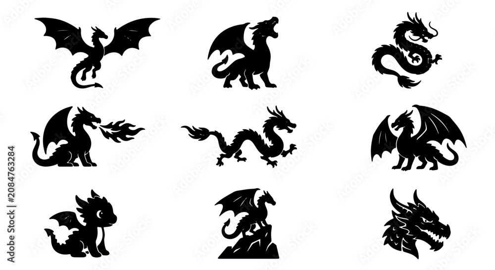 Obraz premium Mythical Dragon Silhouettes Collection, Fantasy Creature Icons, Fierce Beast Vector Graphics, Magical Legend Symbols for Design