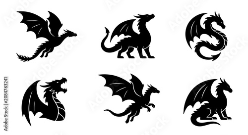 Mythical Dragon Silhouettes Vector Set, Fantasy Creature Icons, Legendary Beast Graphics, Ancient Mythology Symbols, Black and White Vector Art for Design