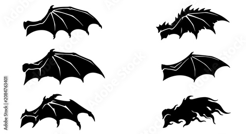 Foto Six Black Dragon Wings Silhouettes, Fantasy Creature Appendages, Mythical Beast