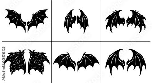 Bild auf Leinwand Set of 6 Black Dragon Wings Vector Icons, Gothic Fantasy Bat Wings Graphics, Dem