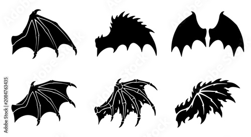 Quadro su tela Black Dragon Wings Vector Set, Fantasy Creature Appendages, Mythical Beast Silho