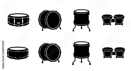 Photography Set of 8 Black Drum Icons, Percussion Instrument Vector Graphics, Musical Equipm