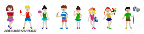 手描き風の夏を楽しむ子どもたちのイラストセット