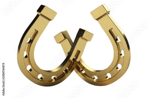 Isolated elegant shiny golden horseshoes intertwined, classic good luck charm symbol, metal design