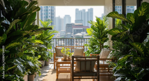 Serene Balcony Oasis Lush Greenery Overlooking City Skyline