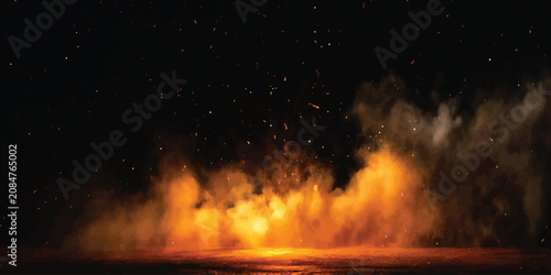 Foto Fiery orange smoke and sparks rising against black night background with backgro