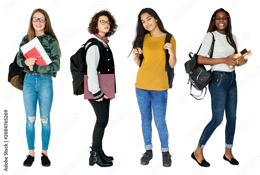 Fototapeta premium Diverse students with backpacks smiling element set