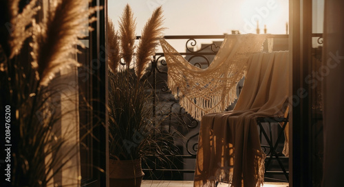 Serene Balcony Oasis With Pampas Grass and Cozy Textiles At Golden Hour