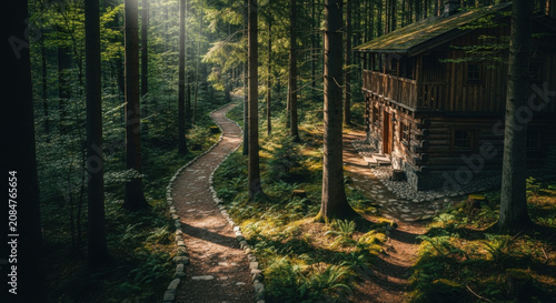 Serene Forest Cabin Pathway Bathed In Golden Sunlight