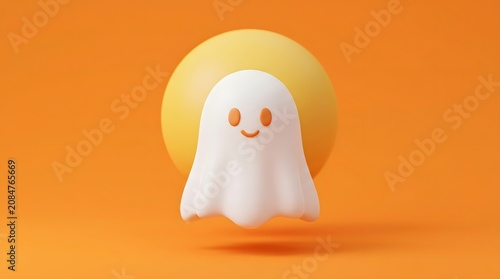 Minimalist cute 3d ghost character floating in front of a large yellow sphere on orange background