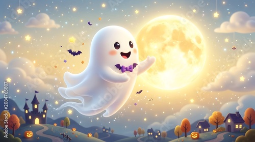 Cute ghost floating in a magical halloween night sky with a full moon, stars, and a spooky village landscape
