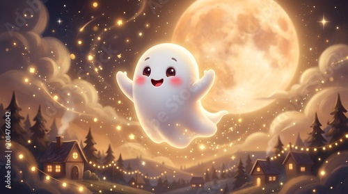 Cute cartoon ghost floating in a magical night sky with a large full moon and glowing fairy lights