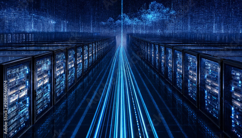 Modern data center server room with glowing light trails representing high speed connection