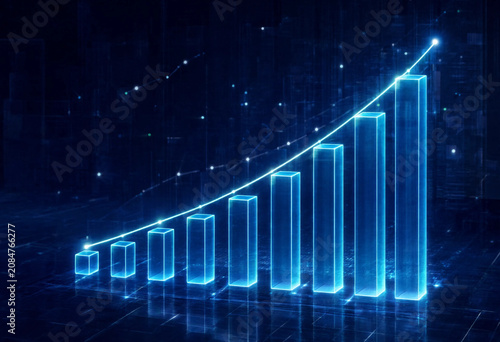 Glowing blue bar chart showing business growth and financial success in a digital network