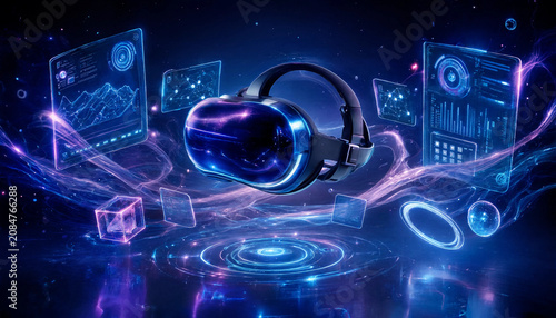 Futuristic virtual reality headset with glowing digital interface and data visualization